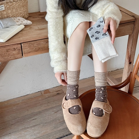 Women Slouch Socks Leopard Print Patchwork Knit Warm Thick Mid Calf Retro Vintage Accessories