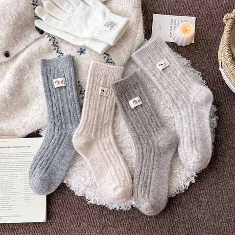 Damen Winter Dicke Warme Wollmischung Crew Socken Zopfmuster Retro Japanischer Stil Süßer Cartoon Hund Slouch Socken