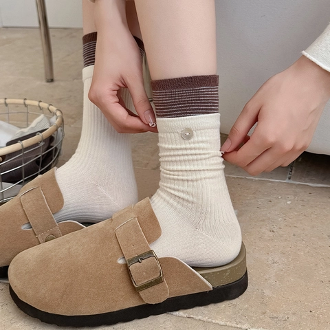 Calze In Cotone Vintage Da Donna Stile Giapponese Polsini A Righe Con Decorazione A Bottone Maglia Retro Traspirante Casual