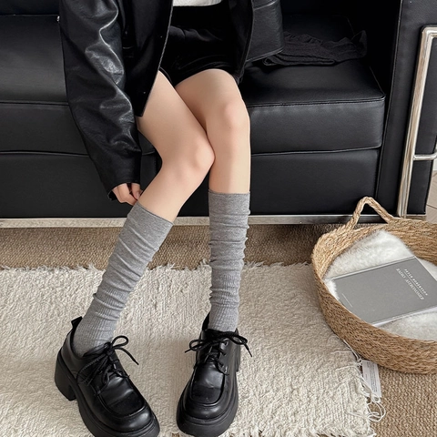Slouch Socks For Women Ribbed Knit Solid Color Long Knee High Boot Stockings Japanese Lazy Style