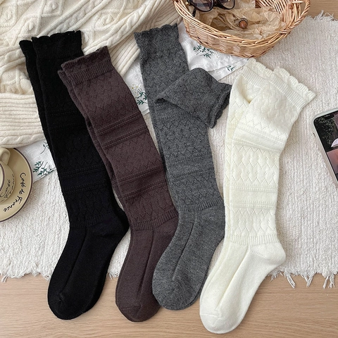 Chaussettes Hautes Femmes Mélange Laine Tricoté Chaud Vintage Bordure Dentelle Motif Losange Style Mori Accessoire Hiver