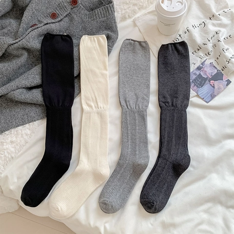 Slouch Socks For Women Ribbed Knit Solid Color Long Knee High Boot Stockings Japanese Lazy Style
