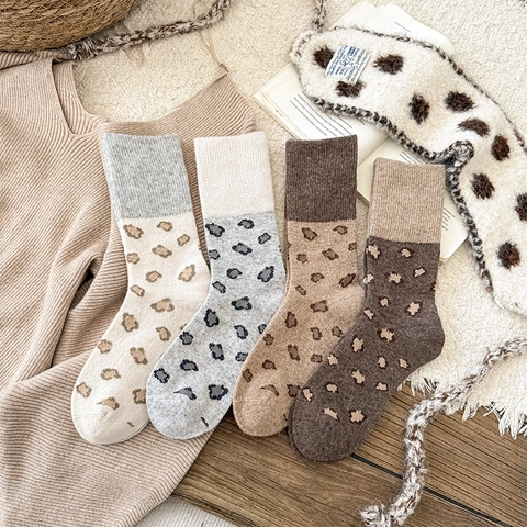 Women Slouch Socks Leopard Print Patchwork Knit Warm Thick Mid Calf Retro Vintage Accessories