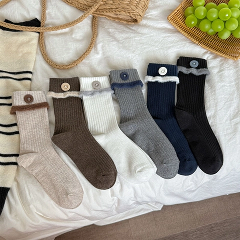Calze Slouch Da Donna In Cotone Maglia A Coste Bordo In Pelliccia Sintetica Bottone Dolce Vintage