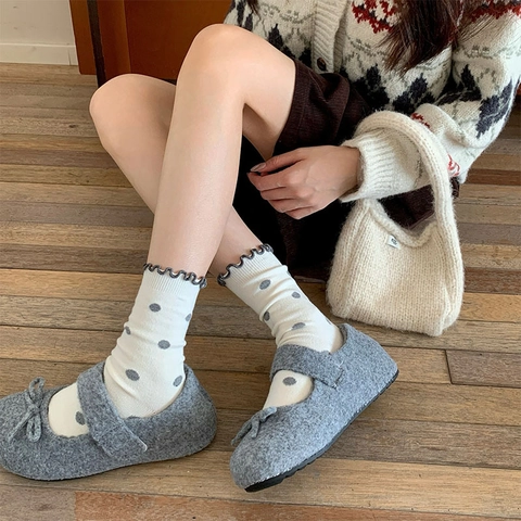 Women Mid Calf Slouch Socks Wool Blend Warm Thick Winter Retro Ruffle Edge Polka Dot Floral Japanese Mori Style