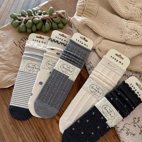 Women Mid Calf Slouch Socks Wool Blend Warm Thick Winter Retro Ruffle Edge Polka Dot Floral Japanese Mori Style