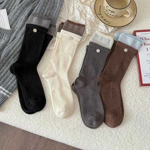 Women Cotton Knit Mid-Calf Socks Ribbed Striped Layered Cuffs Decorative Button Autumn Winter Warm Preppy Style