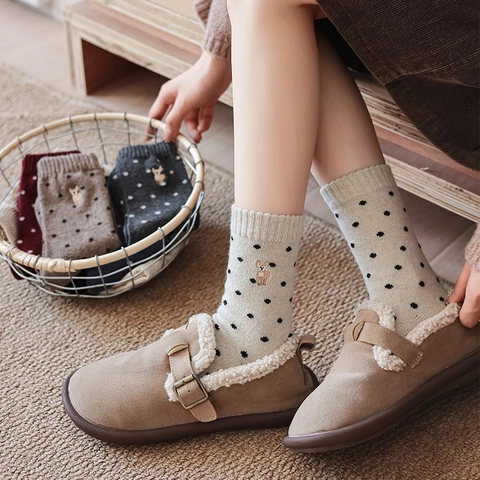 Women Vintage Polka Dot Knit Crew Socks Wool Blend Warm Thick Winter Cute Animal Embroidery Deer Alpaca Soft Slouchy