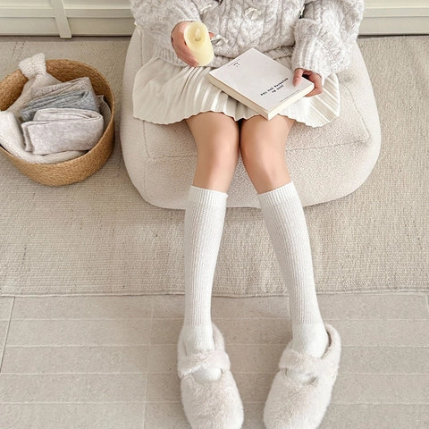 Damen Vintage Japanischer Stil Slouch Socken Rippstrick Einfarbig Wadenhoch Herbst Winter Warme Beinlinge