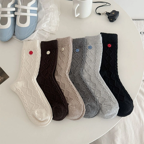 Women Cable Knit Slouch Crew Socks Wool Blend Thick Warm Diamond Pattern Flower Button Decor Vintage Winter Hosiery