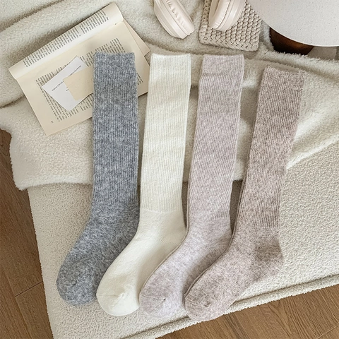 Damen Vintage Japanischer Stil Slouch Socken Rippstrick Einfarbig Wadenhoch Herbst Winter Warme Beinlinge