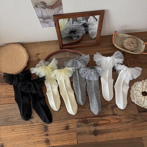 Women Crew Socks Cotton Blend Tulle Mesh Lace Ruffle Trim Sweet Lolita Japanese Princess Style Breathable Soft Solid Color