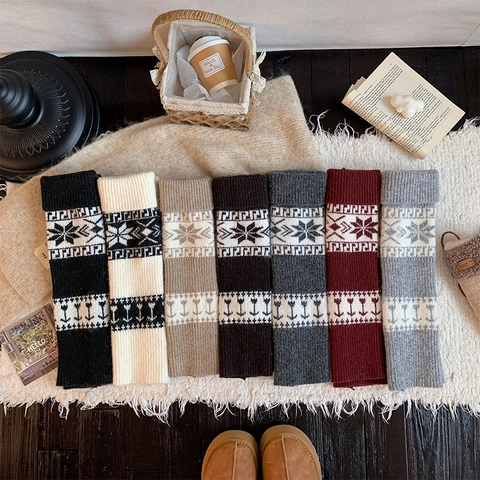 Gestrickte Beinstulpen Verdickte Warme Waden Slouch Socken Schneeflocken Jacquard Retro Ethno Stil Fußlose Strumpfwaren