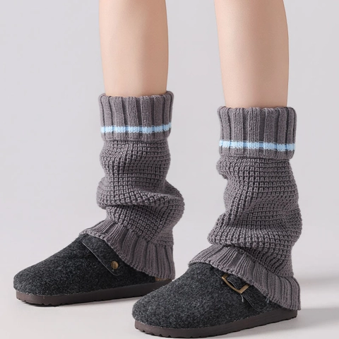 Knitted Leg Warmers Polyester Thick Warm Striped Ribbed Slouch Socks JK Style For Women