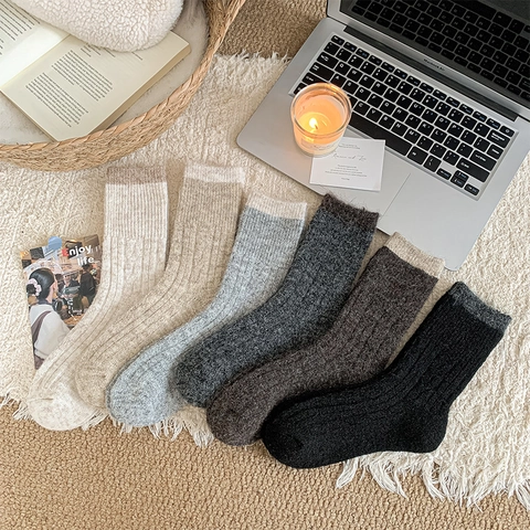 Dames Slouch Sokken Dik Gebreid Thermisch Winter Warm Geribbelde Kuitlengte Color Block Japanse Stijl