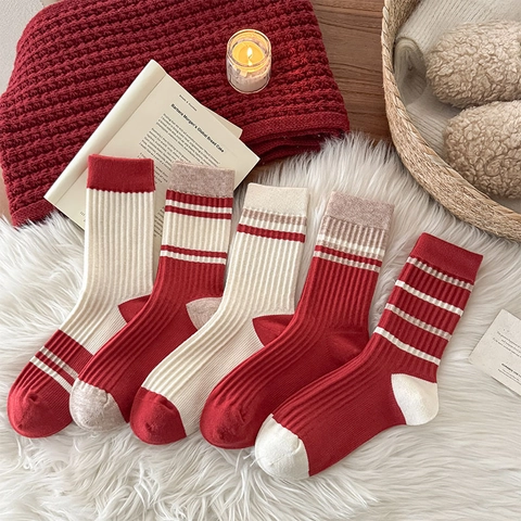 Calze Slouch Donna Inverno Caldo Righe Maglia Metà Polpaccio Rosso Bianco Festivo Morbido Casual Comfort