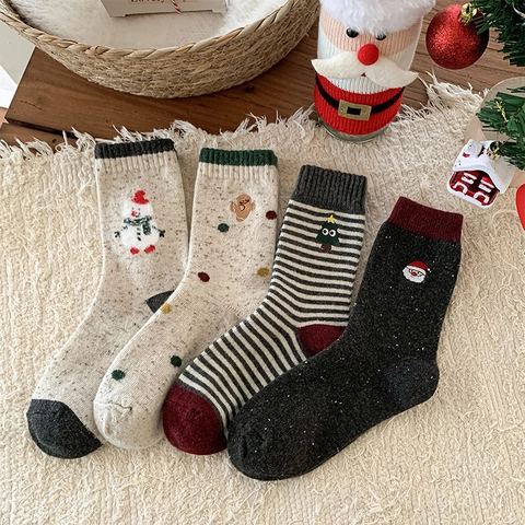 Calze Natalizie Da Donna Misto Lana Spesse Calde Inverno Ricamo Pupazzo Di Neve Babbo Natale Motivo Retrò Festivo