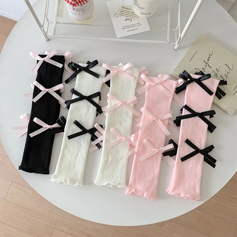 Gebreide Beenwarmers Lint Strik Geribbeld Balletcore Stijl Zoete Japanse Esthetiek Voor Dames