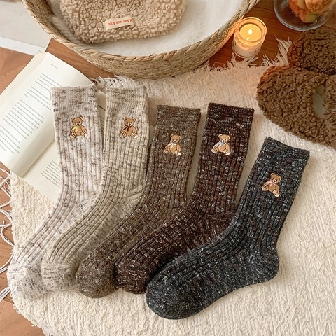 Calze Metà Polpaccio Donna Spesse Calde Inverno Maglia Costine Ricamo Orso Vintage Toni Terra Casual Termiche