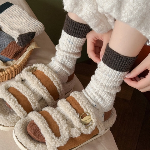 Calcetines De Media Caña Mezcla De Lana Gruesos Cálidos Invierno Retro Bloque De Color Punto Estilo Japonés Mujer