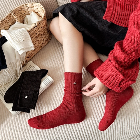 Gerippte Strick-Slouch-Socken Wollmischung Mit Metall-Tieranhänger Schnalle Retro Lässig Winter Warm Für Damen