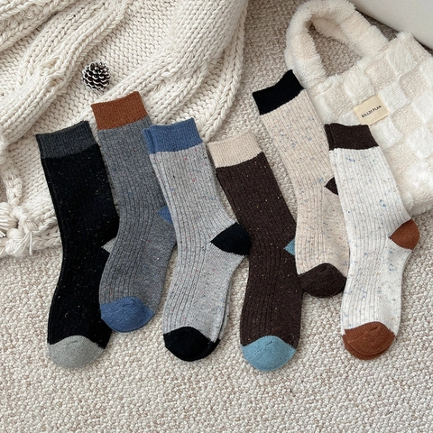 Calcetines De Media Caña Mezcla De Lana Gruesos Cálidos Invierno Retro Bloque De Color Punto Estilo Japonés Mujer