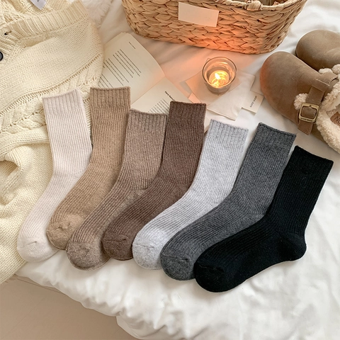 Damen Gerippte Crew Socken Wollmischung Weich Warm Winter Einfarbig Mid Calf
