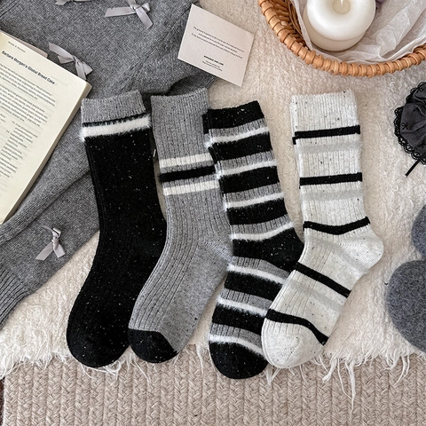 Women Wool Blend Striped Mid Calf Socks Knitted Thick Warm Thermal Japanese Retro Style Color Block