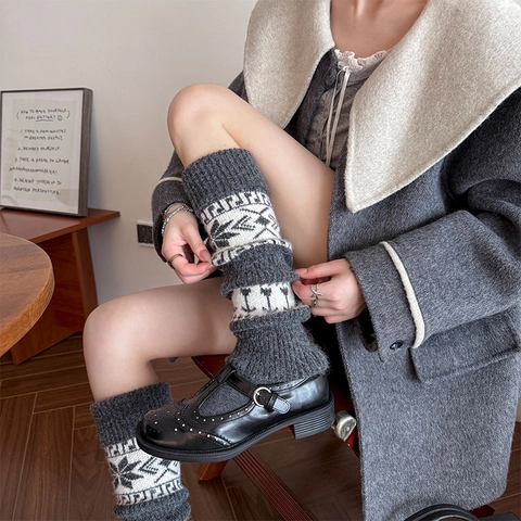 Gestrickte Beinstulpen Verdickte Warme Waden Slouch Socken Schneeflocken Jacquard Retro Ethno Stil Fußlose Strumpfwaren