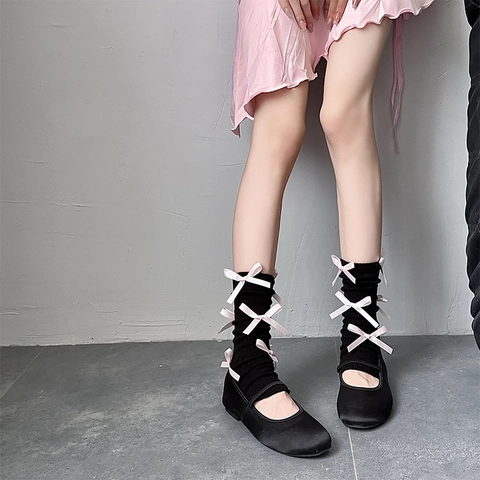 Gebreide Beenwarmers Lint Strik Geribbeld Balletcore Stijl Zoete Japanse Esthetiek Voor Dames