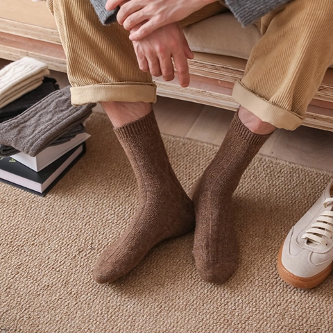 Calcetines De Lana Para Hombre Térmicos Invierno Gruesos De Punto Retro Color Sólido Media Caña