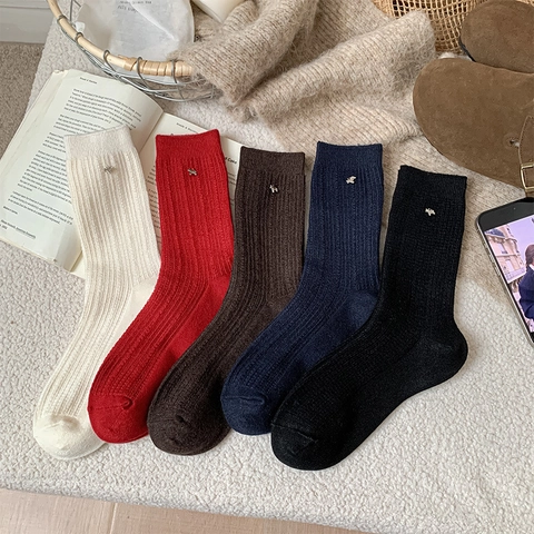 Gerippte Strick-Slouch-Socken Wollmischung Mit Metall-Tieranhänger Schnalle Retro Lässig Winter Warm Für Damen