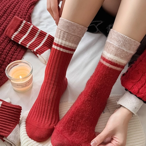 Calze Slouch Donna Inverno Caldo Righe Maglia Metà Polpaccio Rosso Bianco Festivo Morbido Casual Comfort