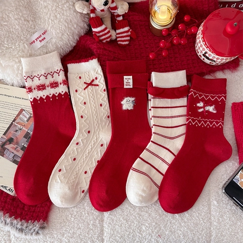 Women Christmas Socks Wool Blend Bow Tie Lace Trim Festive Red Winter Warm Mid Calf Slouch Socks New Year Gift