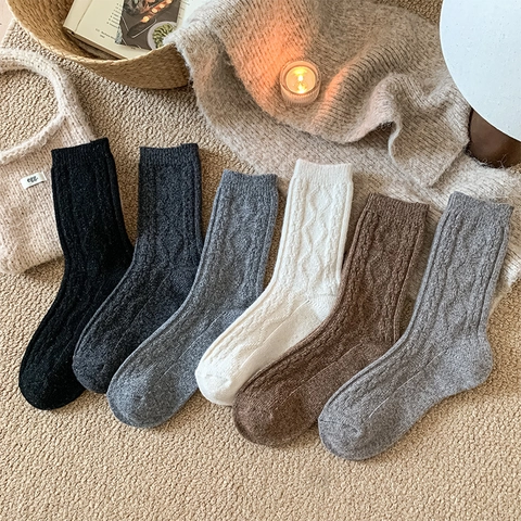 Calcetines De Lana Para Hombre Térmicos Invierno Gruesos De Punto Retro Color Sólido Media Caña