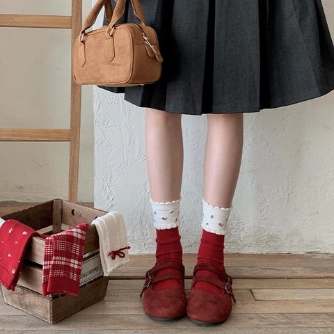 Damen Wadenlange Socken Vintage Blumen Karo Schleife Rüschen Warm Strick Winter Weihnachten Accessoire