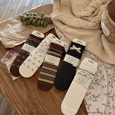 Calze Slouch Donna Misto Lana Vintage Floreale Fiocco Bordo A Volant Metà Polpaccio Autunno Inverno Stile Giapponese