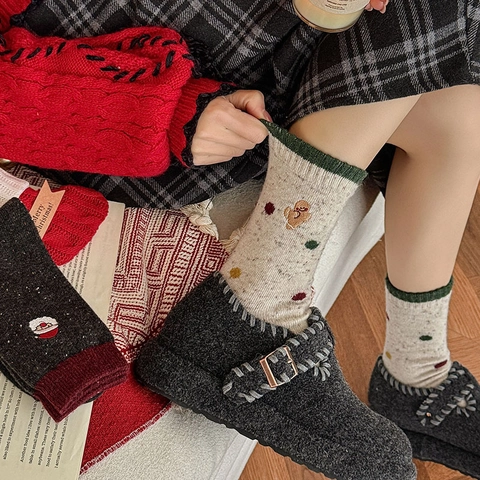 Calze Natalizie Da Donna Misto Lana Spesse Calde Inverno Ricamo Pupazzo Di Neve Babbo Natale Motivo Retrò Festivo