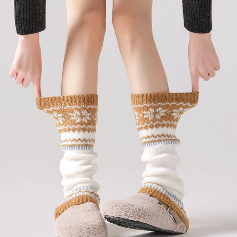 Knitted Leg Warmers Polyester Warm Winter Nordic Snowflake Pattern Fair Isle Slouchy Socks For Women Retro Style