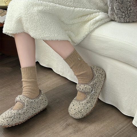 Women Slouch Crew Socks Knit Ribbed Thick Warm Solid Color Metal Disc Decor Winter Thermal Socks