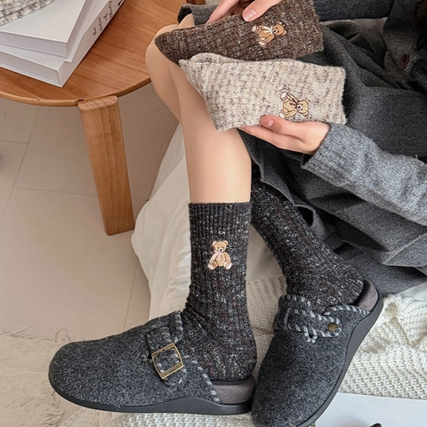 Calze Metà Polpaccio Donna Spesse Calde Inverno Maglia Costine Ricamo Orso Vintage Toni Terra Casual Termiche