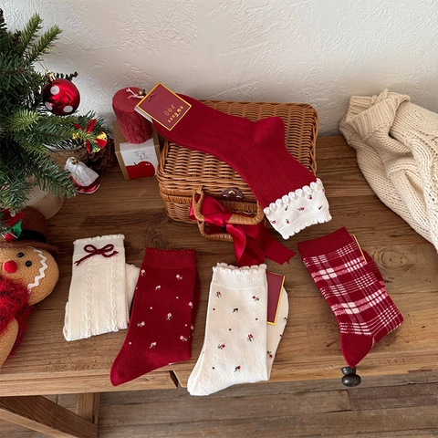 Damen Wadenlange Socken Vintage Blumen Karo Schleife Rüschen Warm Strick Winter Weihnachten Accessoire