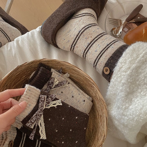 Damen Wadenhohe Socken Japanisch Retro Gestreift Punkt Wollmischung Warm Winter Strick Mit Schleife Knopf
