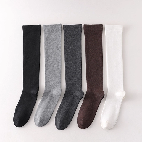 Women Knee High Socks Cotton Blend Solid Color Japanese JK Style Elastic Long Tube Breathable Hosiery Accessories