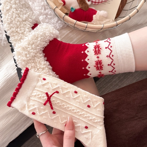 Women Christmas Socks Wool Blend Bow Tie Lace Trim Festive Red Winter Warm Mid Calf Slouch Socks New Year Gift