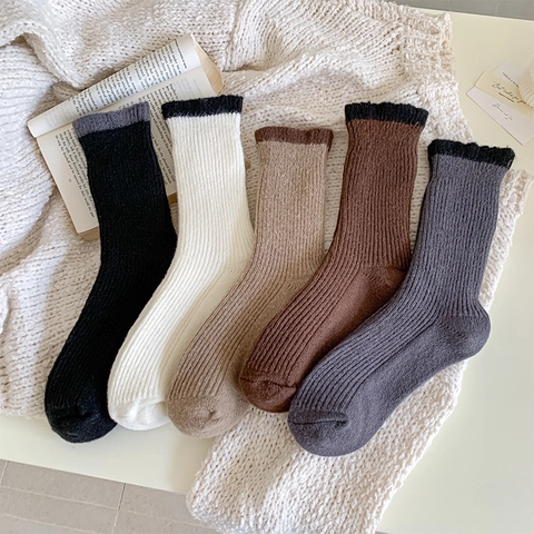 Calcetines Media Pantorrilla Para Mujer Acrílico Poliéster Tejido Grueso Cálido Forro Polar Color Contraste Acanalado Casa Invierno