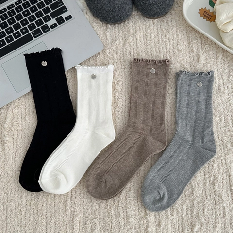 Calcetines De Media Pantorrilla Retro Franceses Mujer Punto Algodón Borde Con Volantes Rayas Verticales Hebilla Metal Decoración