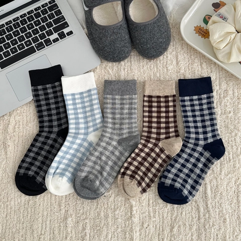 Calze Al Polpaccio Donna Maglia Misto Cotone Motivo Quadri Gingham Morbido Traspirante Stile Accademia Coreano Casual