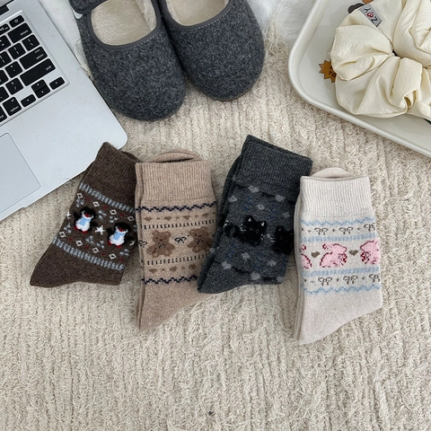 Women Winter Crew Socks Thickened Warm Acrylic Polyester Blend Cartoon Animal Bear Cat Rabbit Penguin Japanese Style Vintage