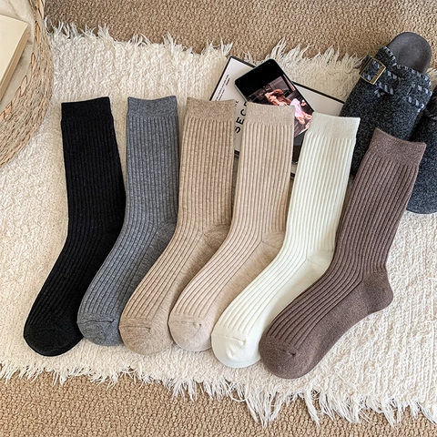 Calcetines Slouch Para Mujer Engrosados Cálidos Poliéster Acrílico Punto Canalé Media Pantorrilla Estilo Japonés Color Sólido